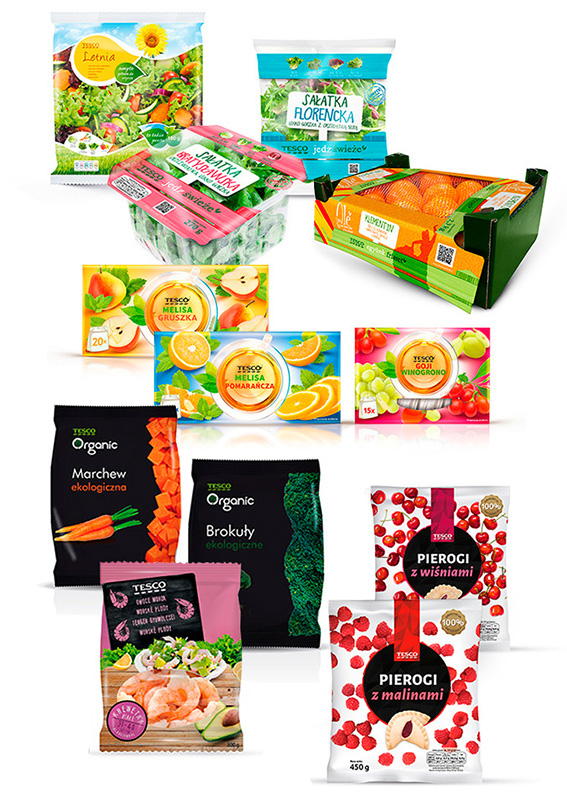 Projekty opakowań marek własnych TESCO w różnych kategoriach produktowych